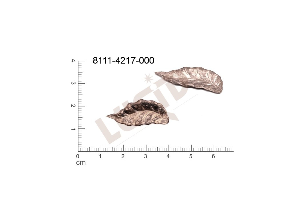 Tvarový výlisek, rostlinné motivy (lístečky) bez oček (svěšovacích dírek) 27.0 x 11.0mm