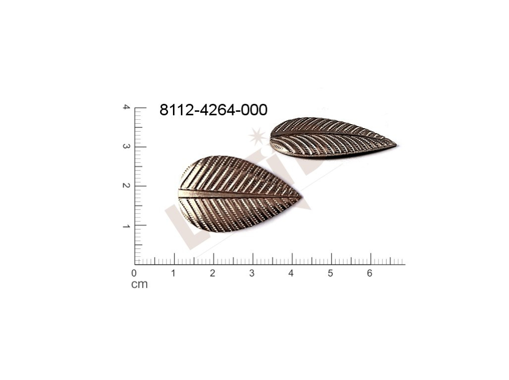 Tvarový výlisek rostlinné motivy lístečky bez oček (svěšovacích dírek) 32.0x19.0mm