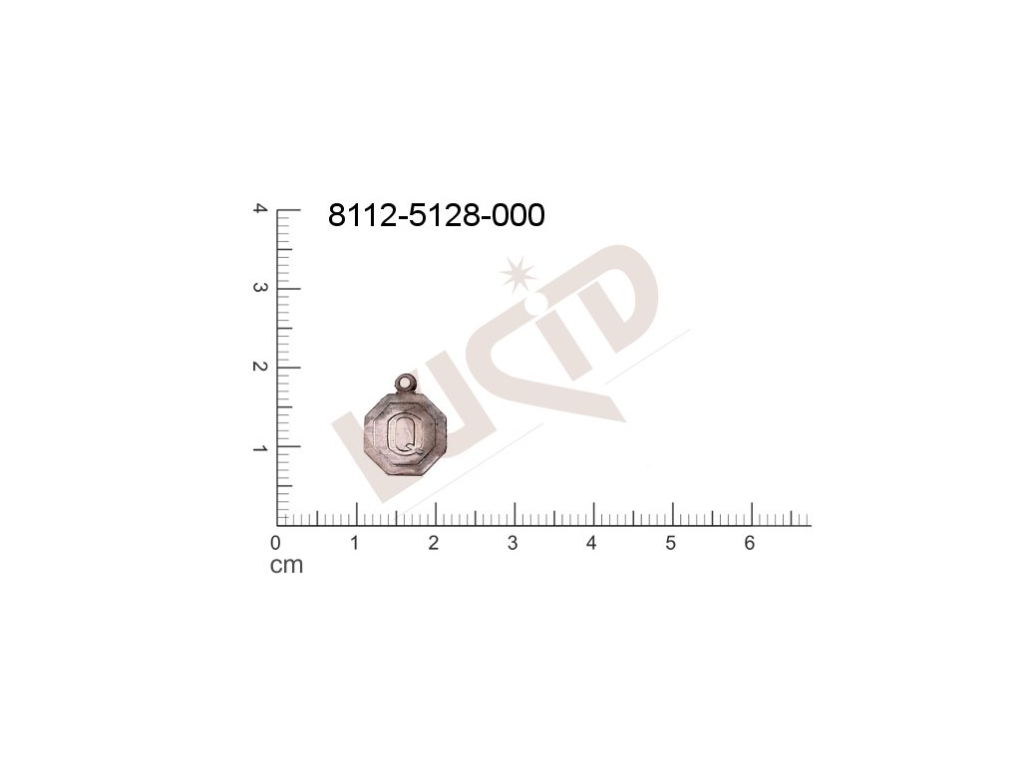 Tvarový výlisek písmena Q s 1 očkem (svěšovací dírkou) 13.0x11.0mm