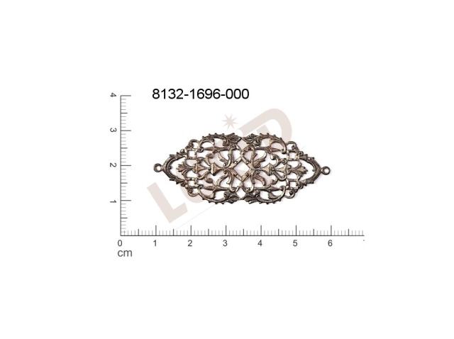 Filigrán, tvarový výlisek, ovál s 2 očky  prořezávaný 50.0x20.0mm