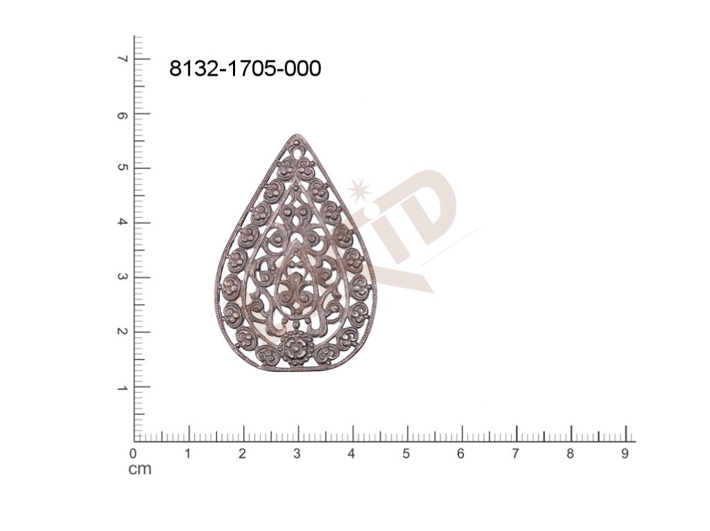 Filigrán, tvarový výlisek, slza bez oček  prořezávaný 44.0x30.0mm