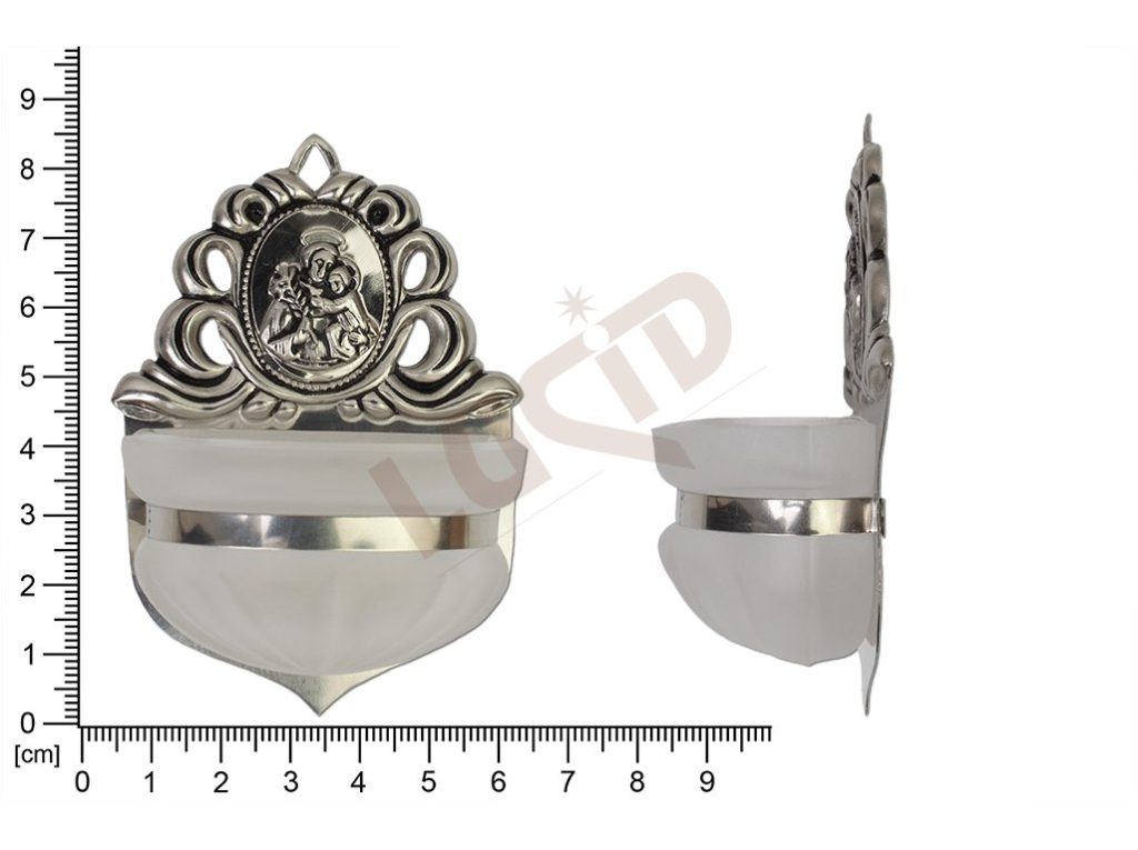 Holy water font Renaissance, nickel, embossed motif Saint Anthony, sandblasted cup 