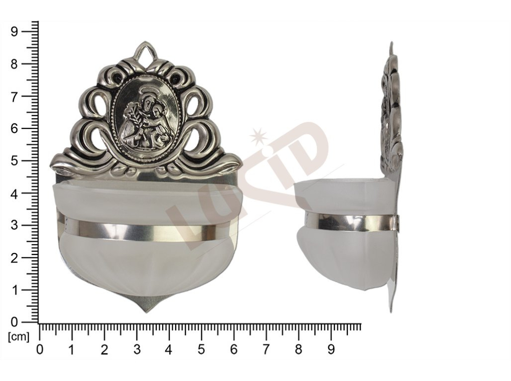 Holy water font Renaissance, nickel, embossed motif Saint Joseph, sandblasted cup 