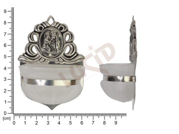 Holy water font Renaissance, nickel, embossed motif Saint Anna, sandblasted cup 