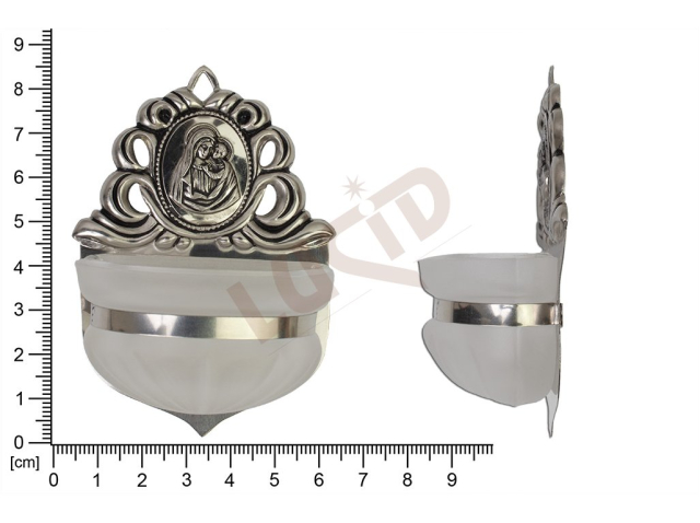 Holy water font Renaissance, nickel, embossed motif Madonna and Child, sandblasted cup 