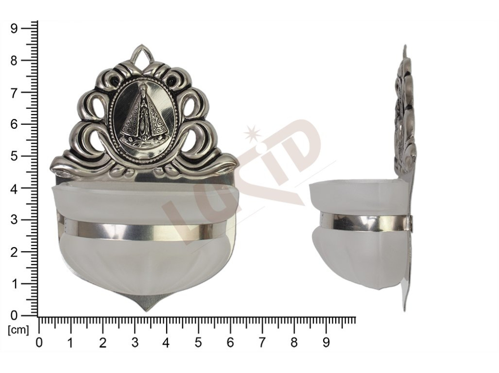 Holy water font Renaissance, nickel, embossed motif Our lady of Aparecida, sandblasted cup 