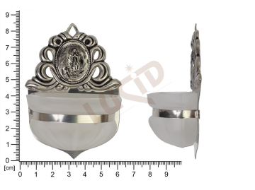 Holy water font Renaissance, nickel, embossed motif Our Lady of Lourdes, sandblasted cup 