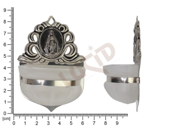 Holy water font Renaissance, nickel, embossed motif Virgin Mary Milagrosa, sandblasted cup 