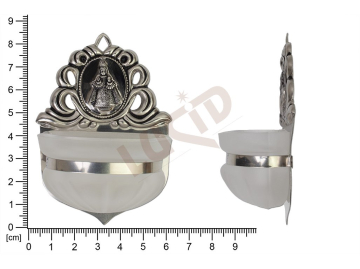 Holy water font Renaissance, nickel, embossed motif Infant Jesus of Prague,sandbl. cup 