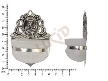 Holy water font Renaissance, nickel, embossed motif Our Lady of Czestochowa, sandblasted cup 