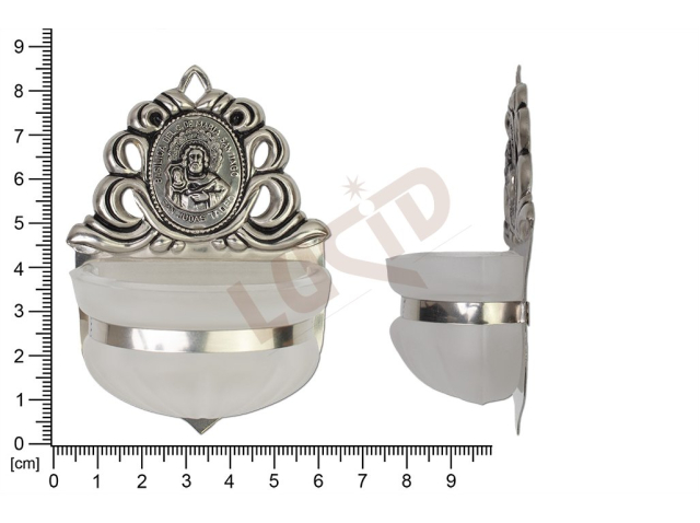 Holy water font Renaissance, nickel, embossed motif Santiago Judas, sandblasted cup 