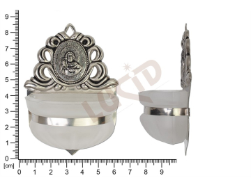 Holy water font Renaissance, nickel, embossed motif Santiago Judas, sandblasted cup 