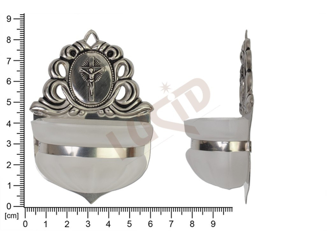 Holy water font Renaissance, nickel, embossed motif Saviour on cross, sandblasted cup 