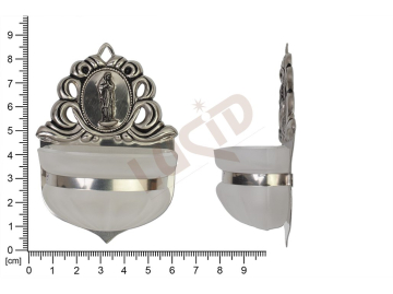 Holy water font Renaissance, nickel, embossed motif Our lady of Banneux, sandblasted cup 