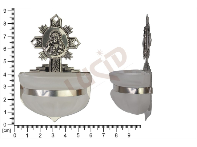 Holy water font Rococo, nickel, embossed motif Sacred Heart of Jesus, cup 