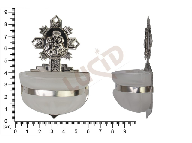 Holy water font Rococo, nickel, embossed motif Saint Anthony, sandblasted cup 