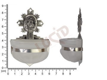 Holy water font Rococo, nickel, embossed motif Our Lady of Lourdes, sandblasted cup 