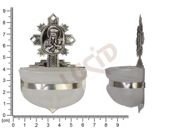 Holy water font Rococo, nickel, embossed motif Our Lady of Czestochowa, sandblasted cup 