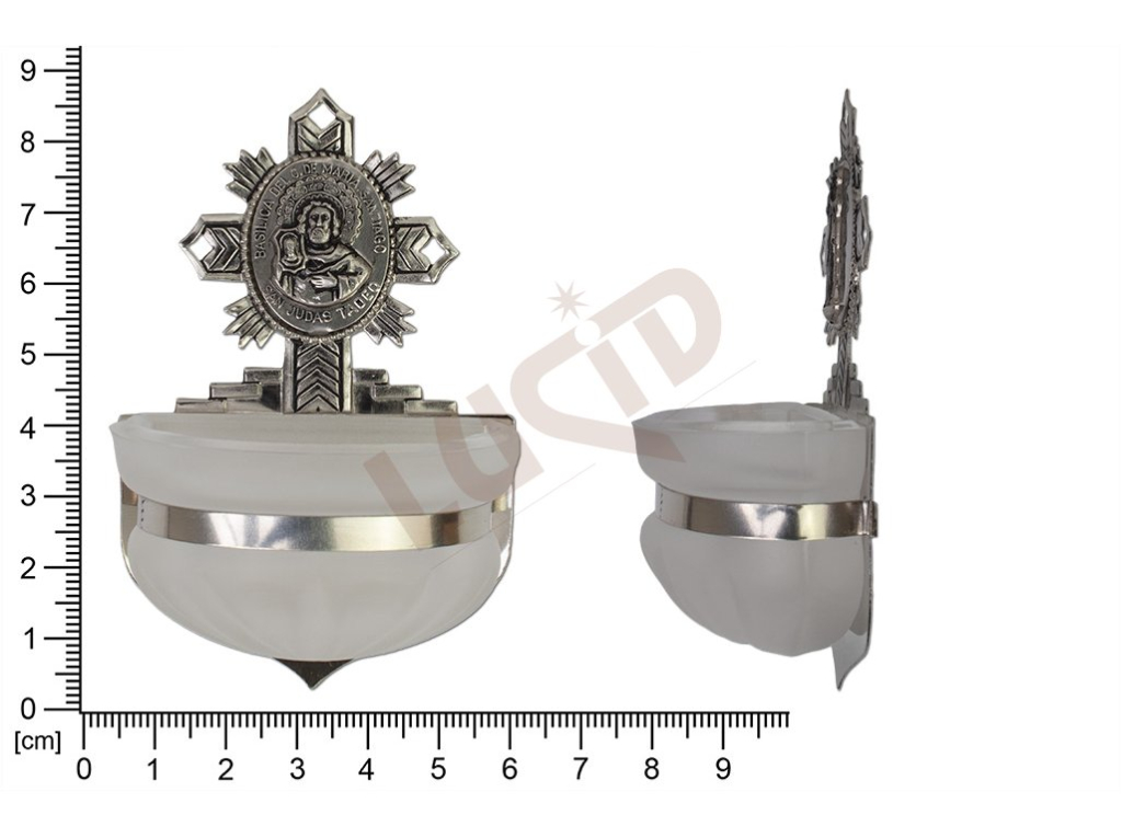 Holy water font Rococo, nickel, embossed motif Santiago Judas, sandblasted cup 