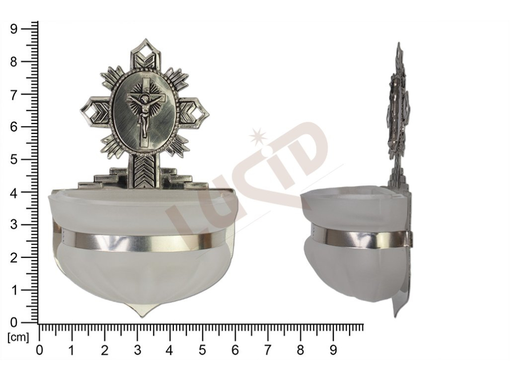 Holy water font Rococo, nickel, embossed motif Saviour on cross, sandblasted cup 