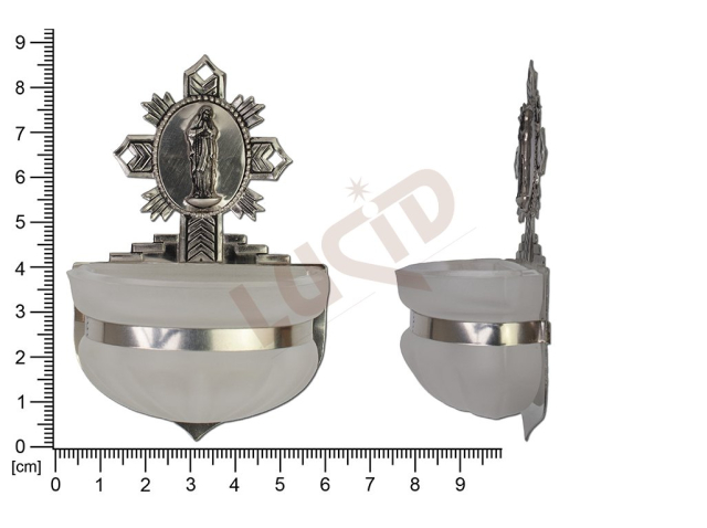 Holy water font Rococo, nickel, embossed motif Our lady of Banneux, sandblasted cup 