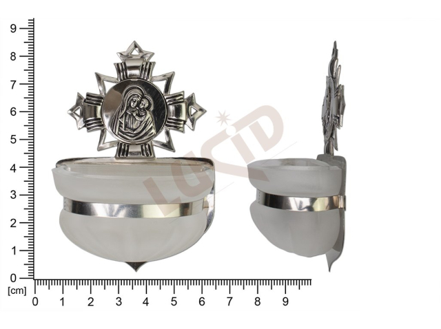 Holy water font Baroque, nickel, embossed motif Madonna and Child, sandblasted cup 