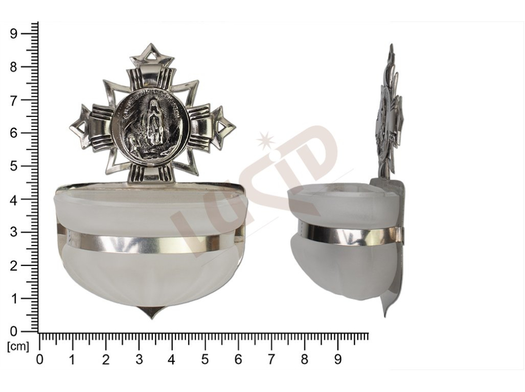 Holy water font Baroque, nickel, embossed motif Our Lady of Lourdes, sandblasted cup 