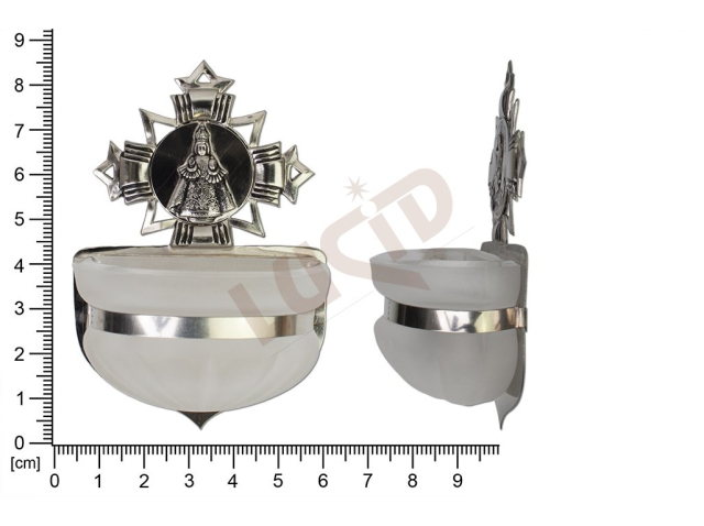 Holy water font Baroque, nickel, embossed motif Infant Jesus of Prague, sandblasted cup 