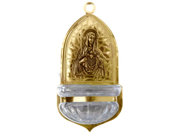 Holy water font Romanesque, brass, embossed motif Immaculate Heart of Our Lady´s