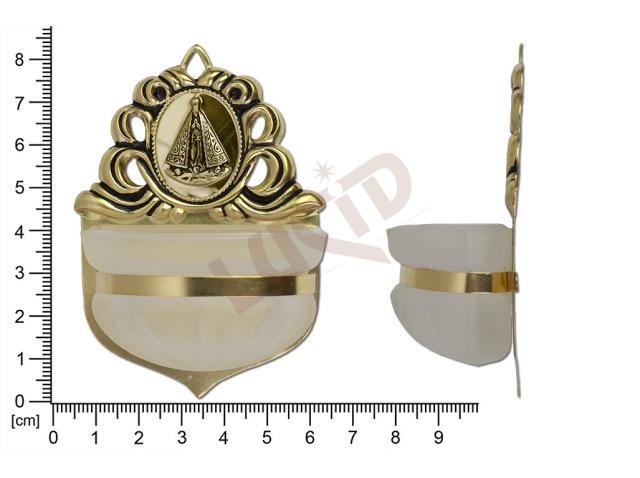 Holy water font Renaissance, brass, embossed motif Our lady of Aparecida, sandblasted cup 