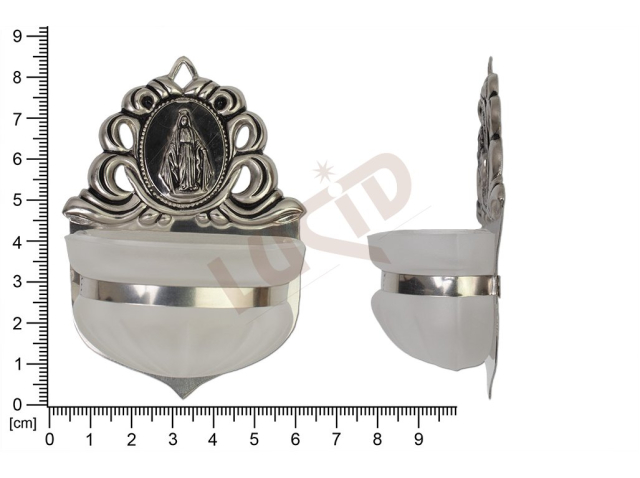 Holy water font Renaissance, brass, embossed motif Virgin Mary Milagrosa, sandblasted cup 