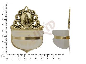 Holy water font Renaissance, brass, embossed motif Virgin Mary Milagrosa, sandblasted cup 