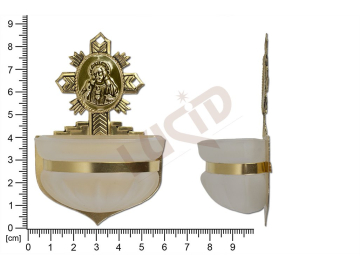 Holy water font Rococo, brass, embossed motif Sacred Heart of Jesus, sandblasted cup