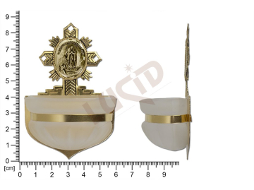 Holy water font Rococo, brass, embossed motif Our Lady of Lourdes, sandblasted cup 