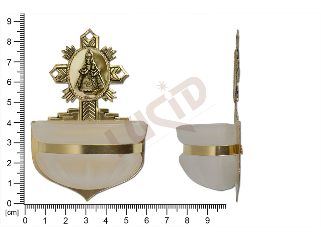 Holy water font Rococo, brass, embossed motif Infant Jesus of Prague, sandblasted cup 