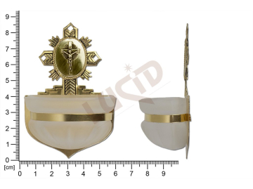 Holy water font Rococo, brass, embossed motif Saviour on cross, sandblasted cup 