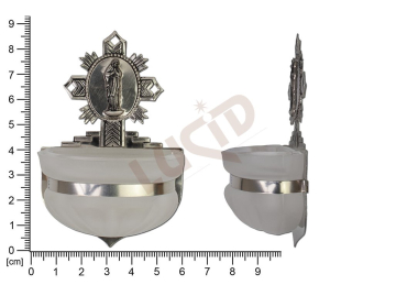 Holy water font Rococo, brass, embossed motif Our lady of Banneux, sandblasted cup