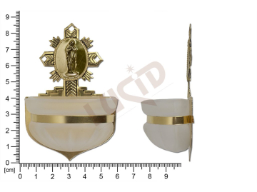 Holy water font Rococo, brass, embossed motif Our lady of Banneux, sandblasted cup