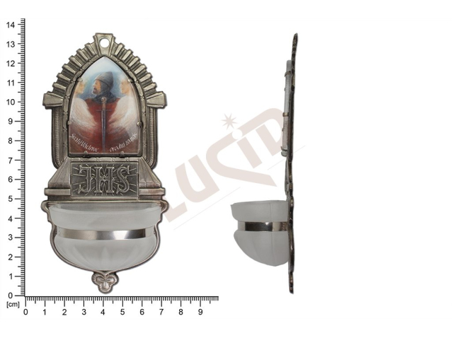 Holy water font Classicism, brass, picture, label JHS, sandblasted cup