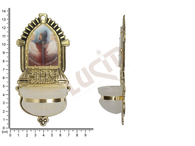 Holy water font Classicism, brass, picture, label JHS, sandblasted cup