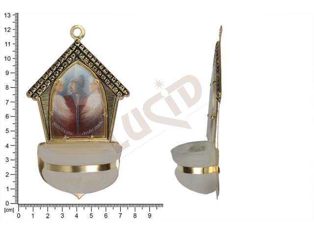 Holy water font Creche, brass, picture, sandblasted cup