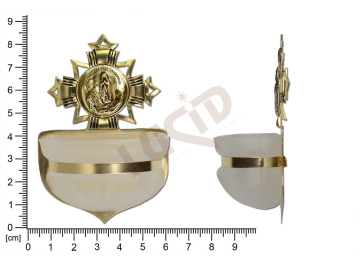 Holy water font Baroque, brass, embossed motif Our Lady of Lourdes, sandblasted cup 