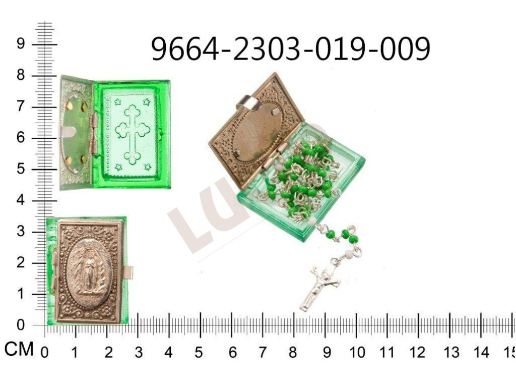 Glass mini rosary box, rectangle shape, nickel lid motif Our Lady of Lourdes, mini rosary