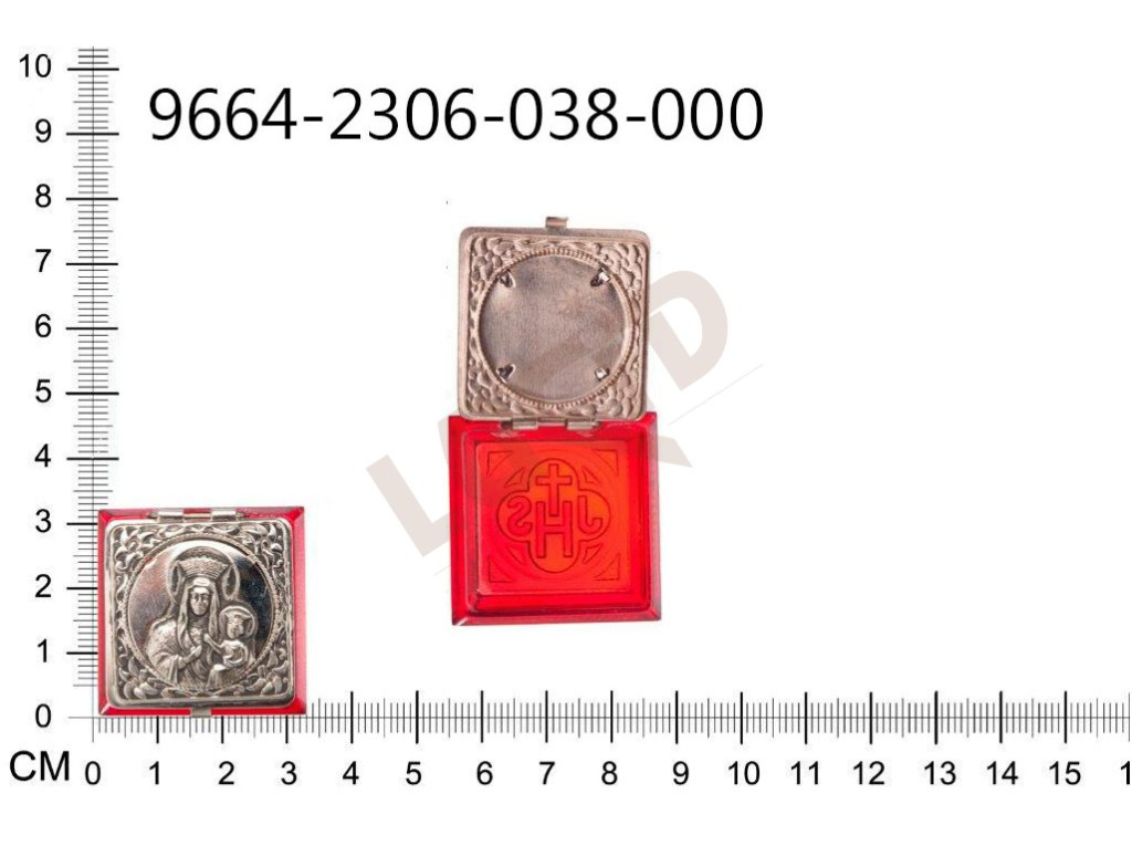 Glass mini rosary box, square shape, nickel lid motif Our Lady of Czestochowa