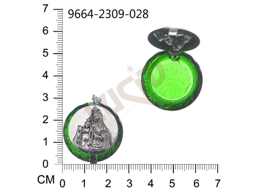 Glass mini rosary box, round shape, nickel lid motif Infant Jesus of Prague, 32.8x28.8mm