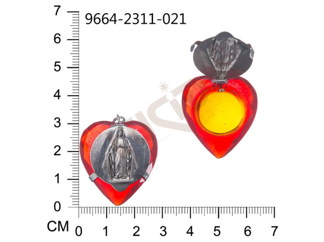 Skleněná schránka, tvar srdce, s  lisovaným víčkem, motiv Panna Maria z Milagrosy, nikl