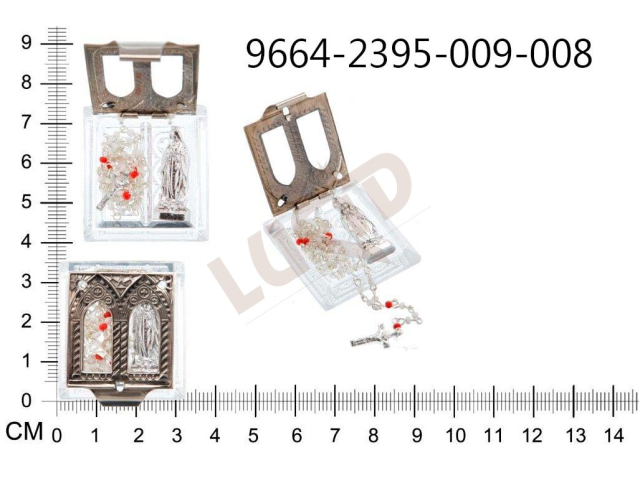 Glass mini rosary double box for statue of Our Lady of Gaudalupe and mini rosary nickel lid