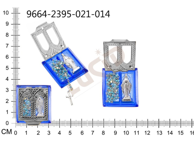 Skleněná schránka, dvojitá s víčkem, nikl, hliníková figurka Panna Maria z Milagrosy, minirůženec